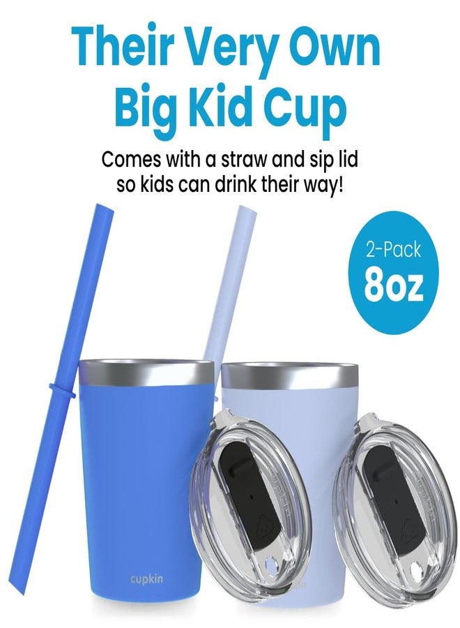 CUPKIN Kids Cup, The Original 8 oz Stackable Stainless Steel Kid Cups, Set of 2 Powder Coated Insulated Sippy Cup for 1+ Year Old Toddlers & BPA Free Lids & Reusable Silicone Straws (Blue + Gray) - Image 2